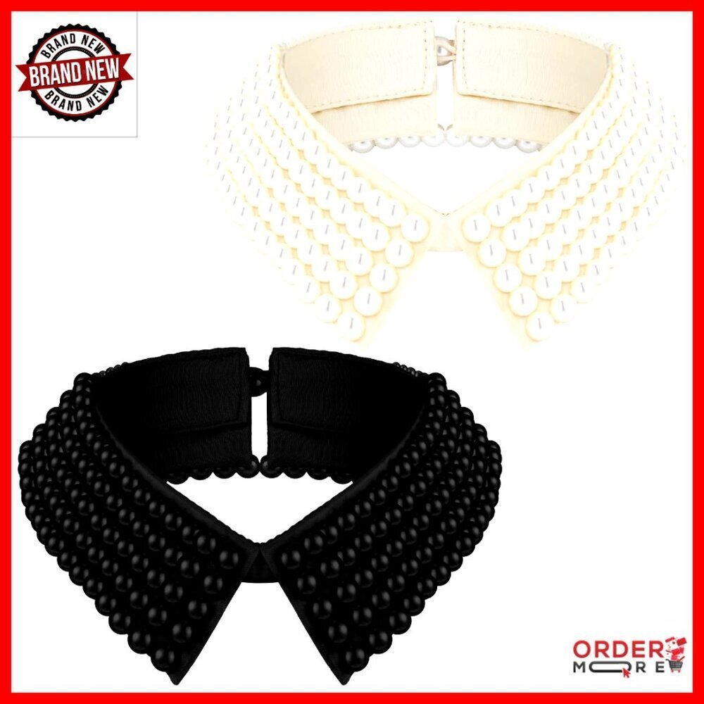 2-Piece Detachable Pearl Collar Necklace Set, 15.4 Inch Stainless Steel Chain